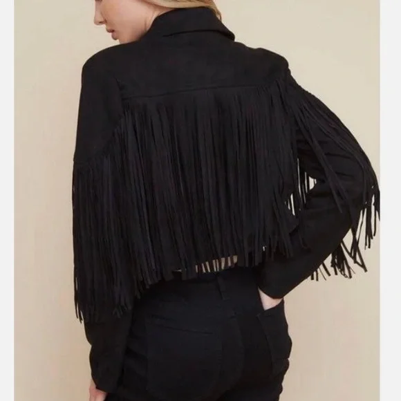 REVEROF Women's Black Faux Suede Leather Fringe Jacket Size L Western Cow Girl - Picture 9 of 10